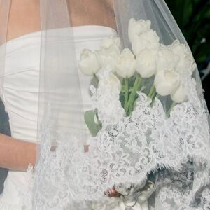 White Lace Bridal Veil with Floral Edge With BLUSHER